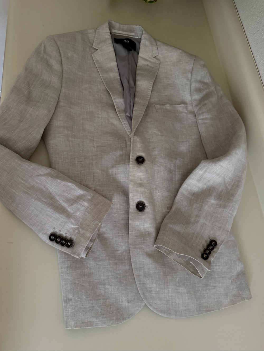 H&M Slim Fit Men's Light Beige Linen Sport Jacket 34R 2 Button Notch Lapel